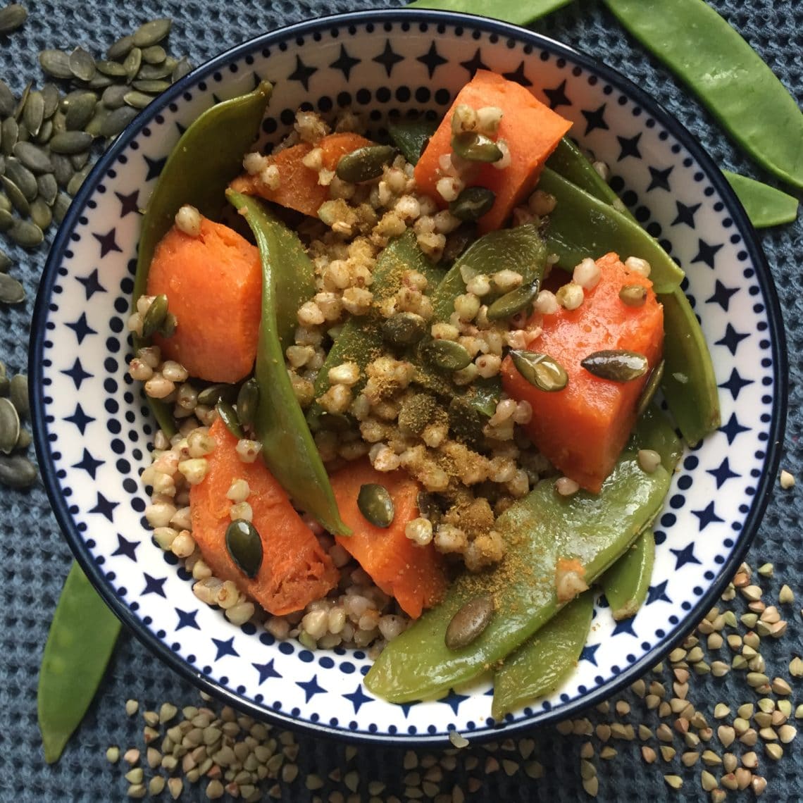 sans gluten et sans produits laitiers : sarrasin pois gourmands et patate douce