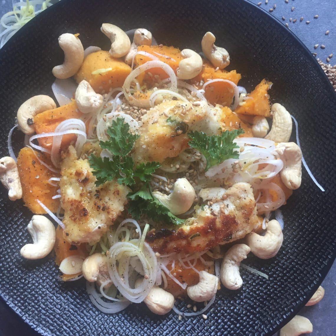 sans lactose ni gluten : salade de dinde, patate douce et poireau